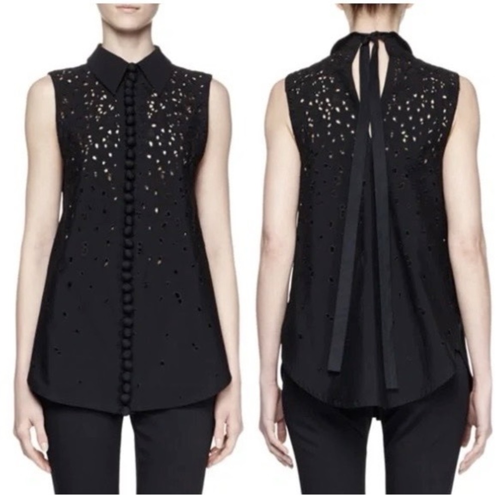 Proenza Schouler Black Broderie Anglaise Embroidered Sleeveless Top Blouse